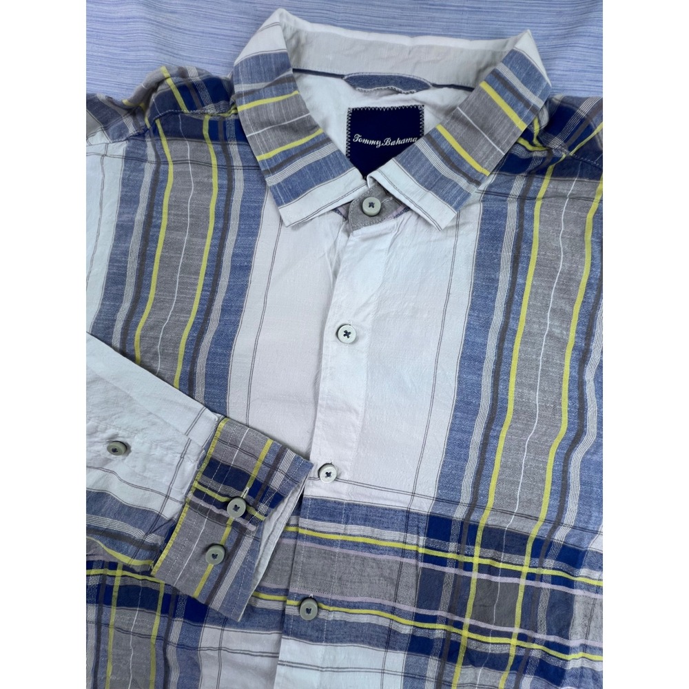 Tommy Bahama Mens XL Cotton Silk Plaid Long Sleeve Button Down Shirt Blue Yellow